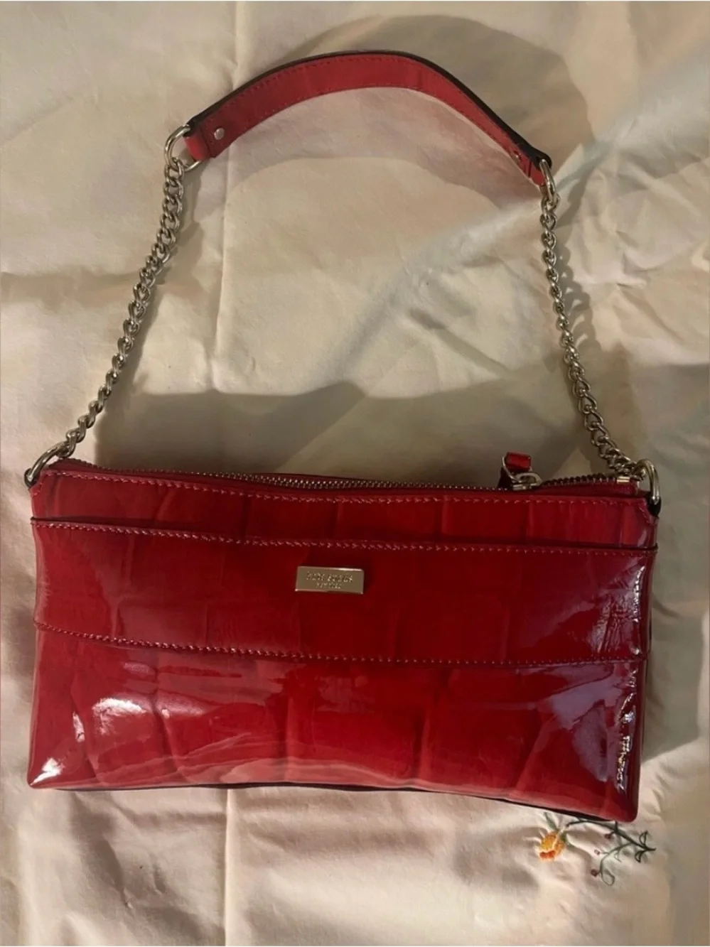 Kate Spade Knightsbridge Red Croc Patent Leather Bow Chain Shoulder Clutch